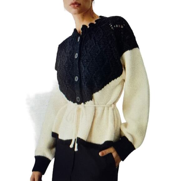 Pointelle Knit Patchwork Tie Front Sweater Commense Black and White Size XS or 2 - Picture 2 of 7